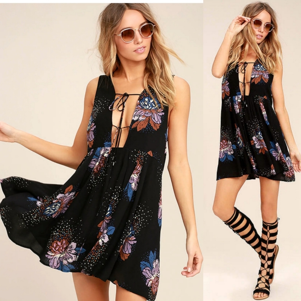 Free People Lovely Day Black Floral Print Dress
